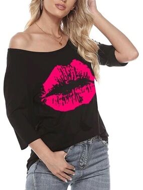 MAGICMK Slouchy Black Off The Shoulder Ruched Sleeves Rayon Stretch Knit Tee Top